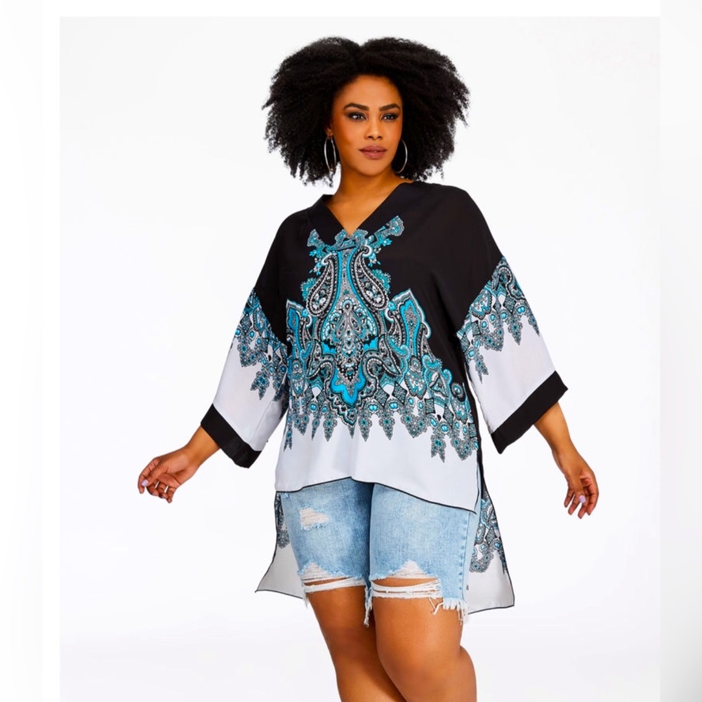 NWT Scarf Pattern High-Lo V-Neck Blouse